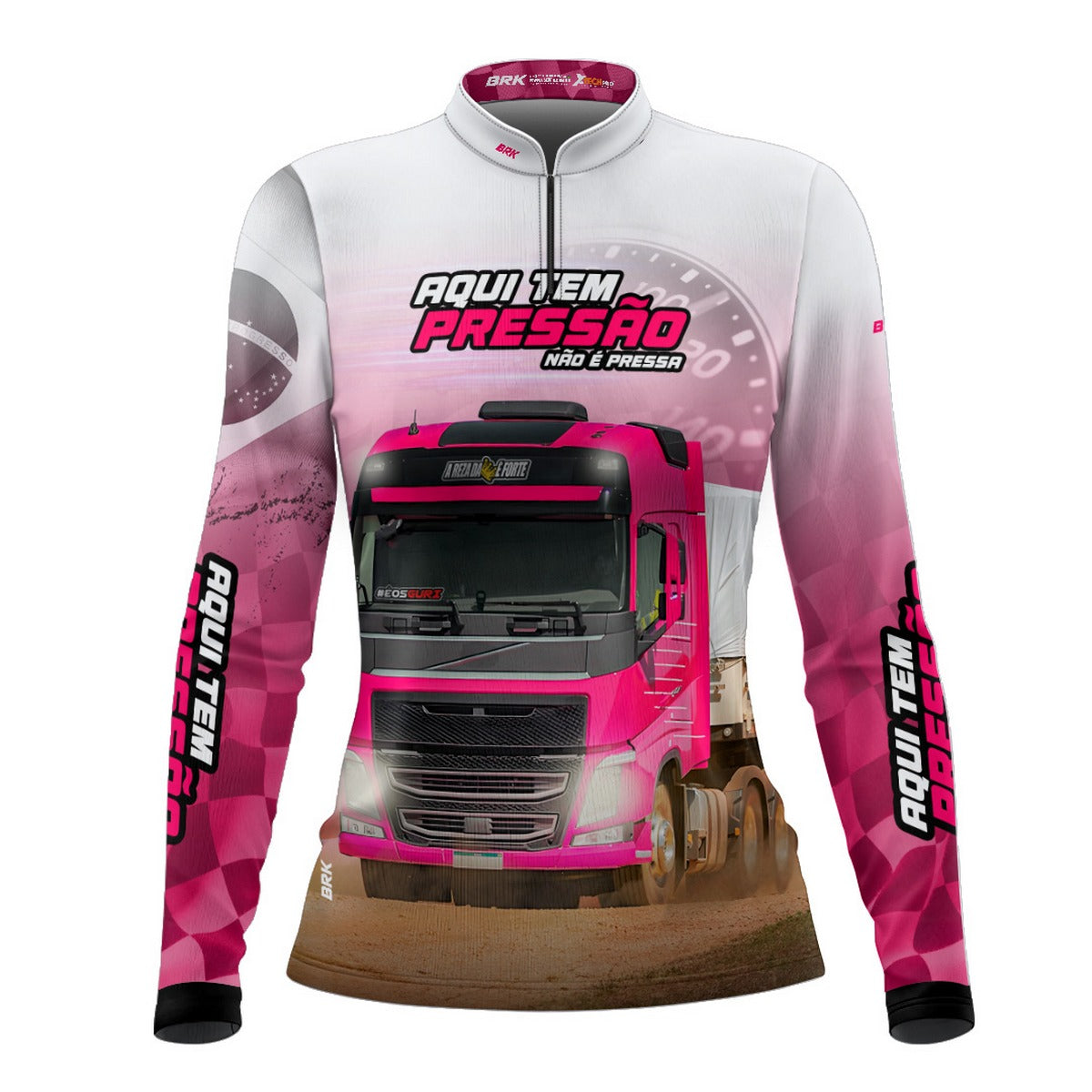 Camisa de Caminhão Feminina Brk Aqui Tem Pressão Branca e Rosa com UV50+