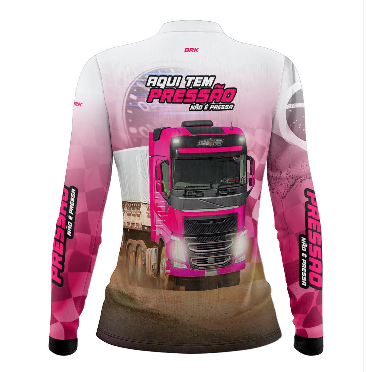 Camisa de Caminhão Feminina Brk Aqui Tem Pressão Branca e Rosa com UV50+