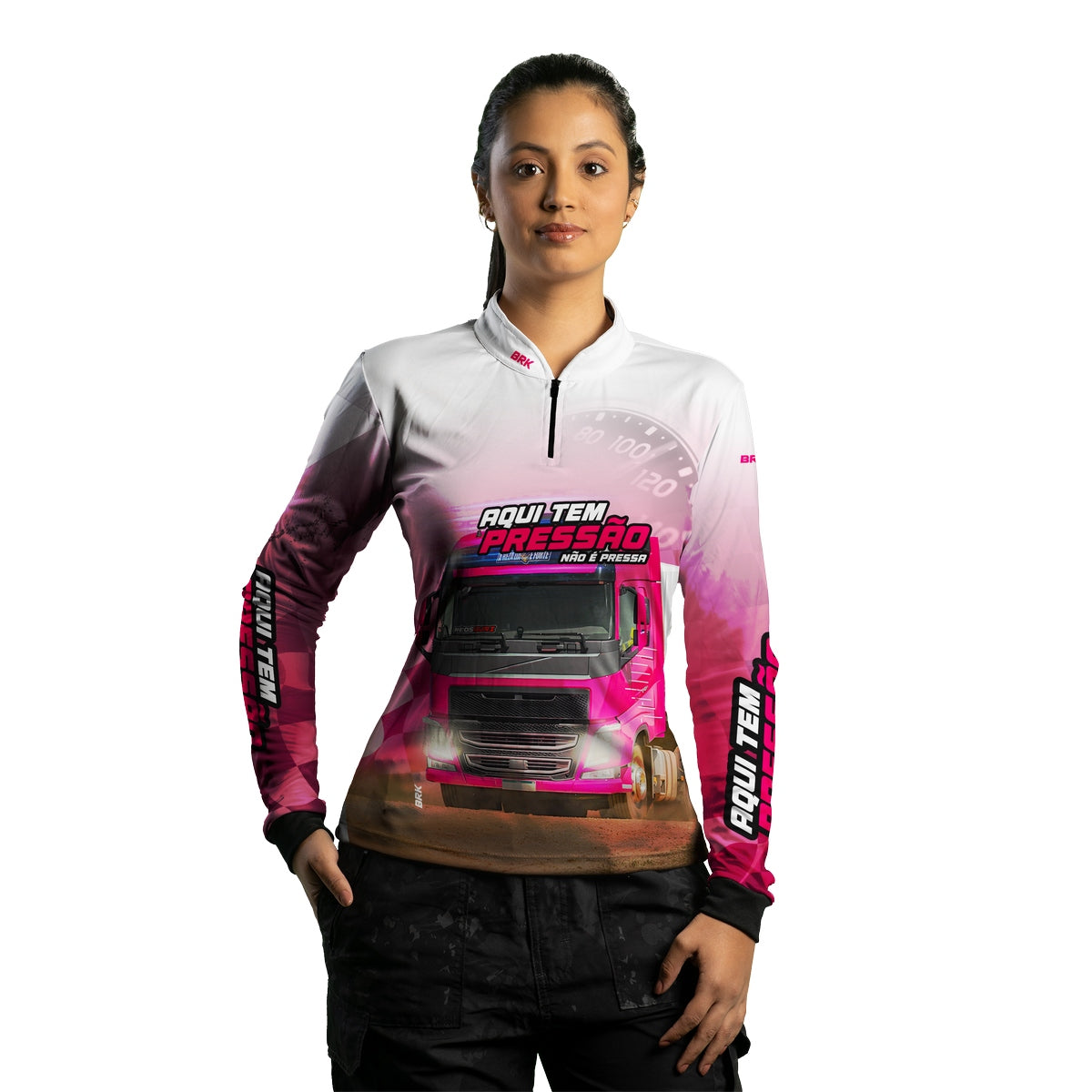 Camisa de Caminhão Feminina Brk Aqui Tem Pressão Branca e Rosa com UV50+