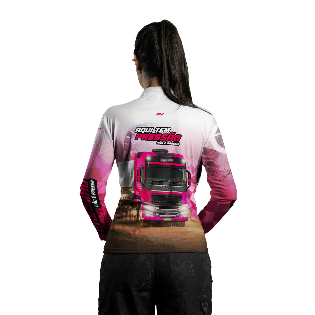 Camisa de Caminhão Feminina Brk Aqui Tem Pressão Branca e Rosa com UV50+