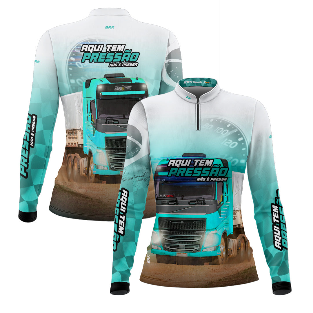 Camisa de Caminhão Feminina Brk Aqui Tem Pressão Branca e Ciano com UV50+