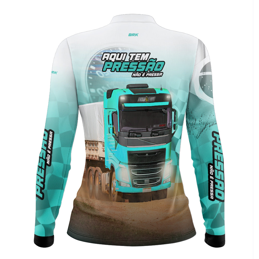 Camisa de Caminhão Feminina Brk Aqui Tem Pressão Branca e Ciano com UV50+