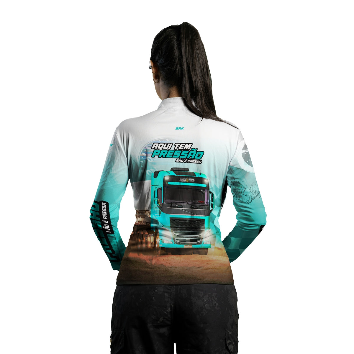 Camisa de Caminhão Feminina Brk Aqui Tem Pressão Branca e Ciano com UV50+