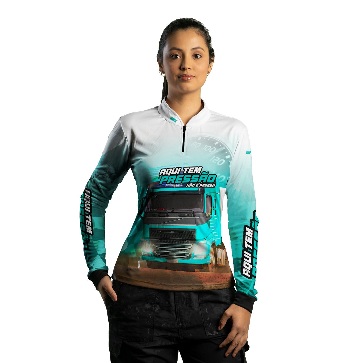 Camisa de Caminhão Feminina Brk Aqui Tem Pressão Branca e Ciano com UV50+