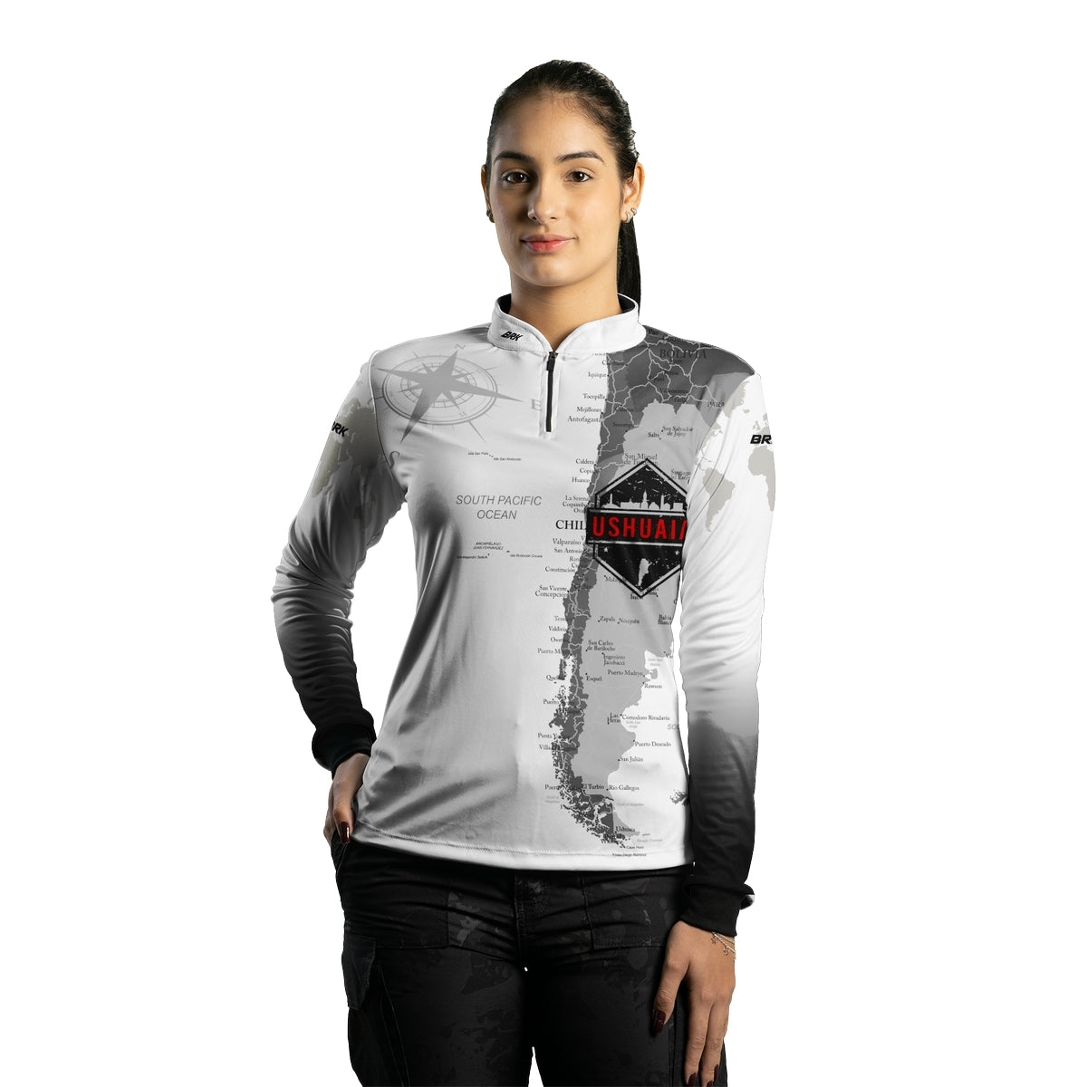Camisa de Motociclismo Feminina Brk Expedição Ushuaia Argentina Branca com Proteção Solar UV50+