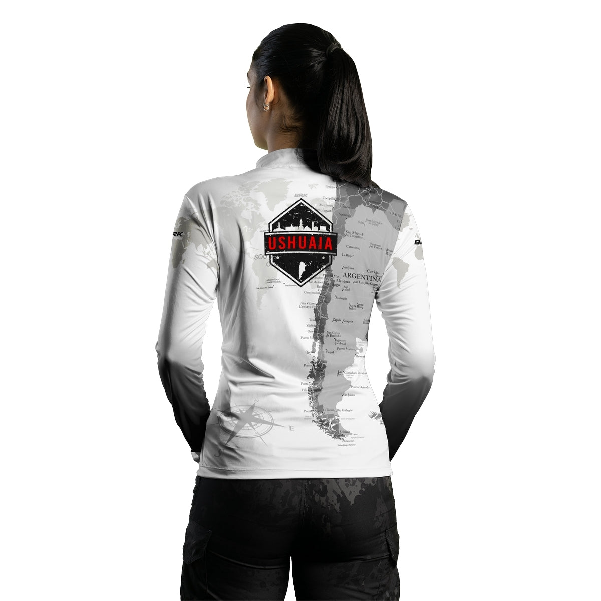 Camisa de Motociclismo Feminina Brk Expedição Ushuaia Argentina Branca com Proteção Solar UV50+