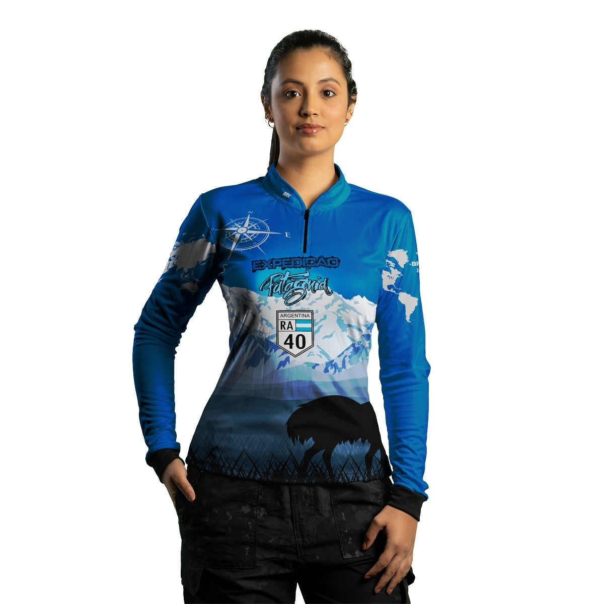 Camisa de Motociclismo Feminina Brk Expedição Argentina Patagônia Azul com Proteção Solar UV50+