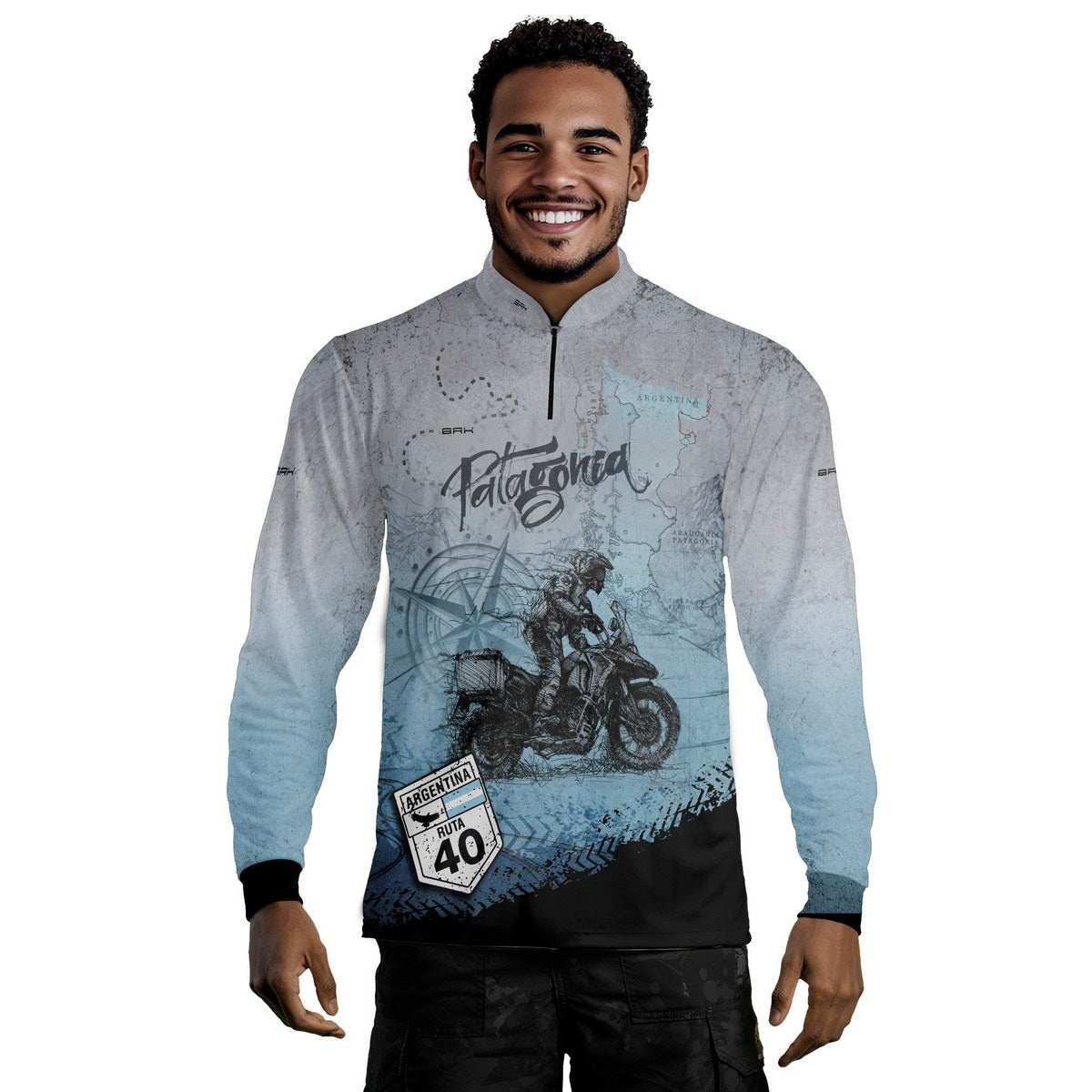 Camisa de Motociclismo Brk Patagônia Azul e Cinza com Proteção Solar UV50+