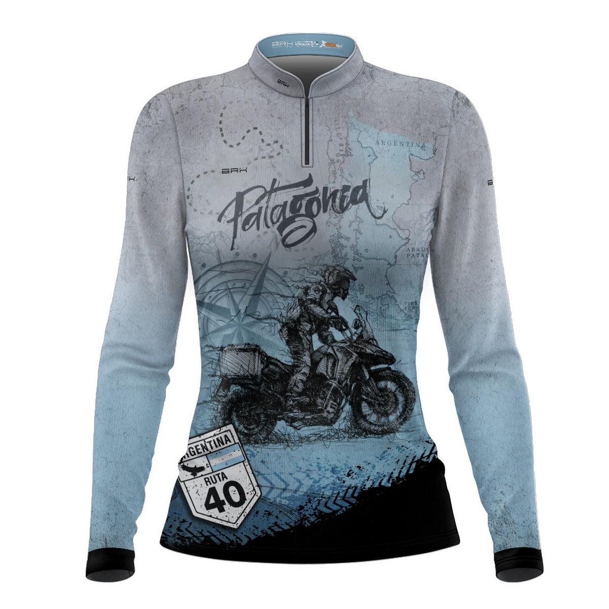 Camisa de Motociclismo Feminina Brk Patagônia Azul e Cinza com Proteção Solar UV50+