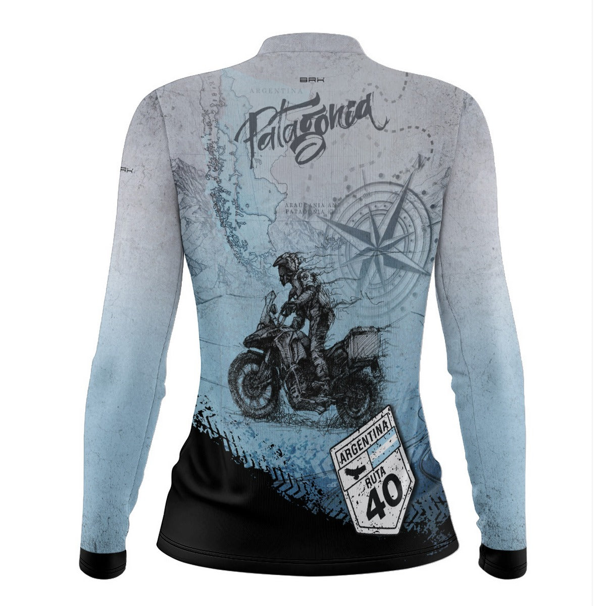 Camisa de Motociclismo Feminina Brk Patagônia Azul e Cinza com Proteção Solar UV50+