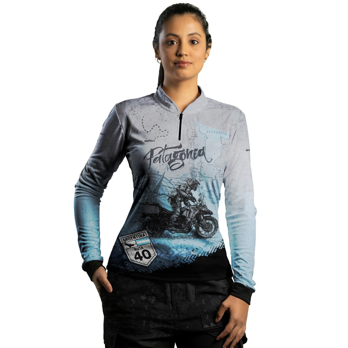 Camisa de Motociclismo Feminina Brk Patagônia Azul e Cinza com Proteção Solar UV50+