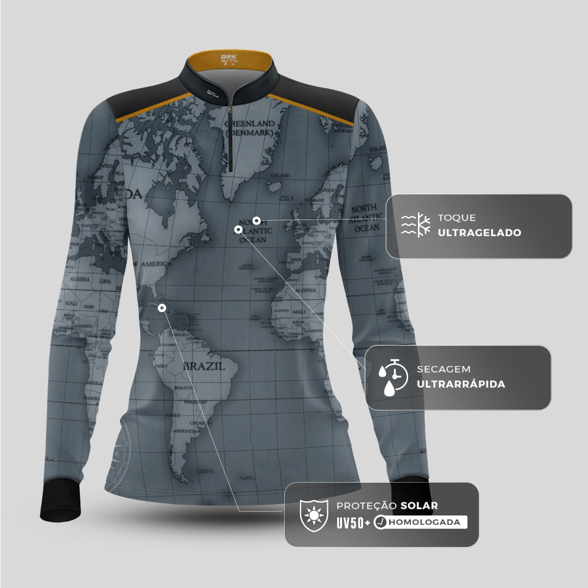 Camisa de Motociclismo Feminina Brk Mapa Mundi com Proteção UV50+