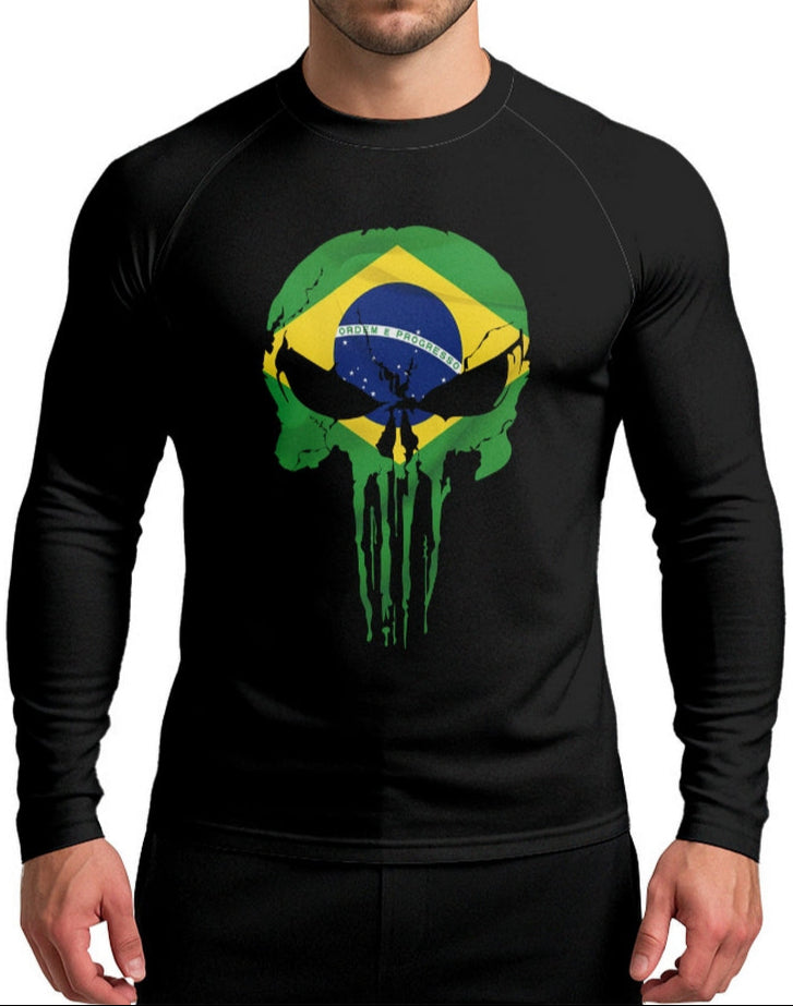 Camisa Caveira Raglan Brk Militar Bandeira do Brasil com UV50+
