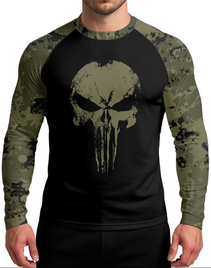 Camisa Caveira Raglan Brk Militar Camuflado Verde com Proteção UV50+