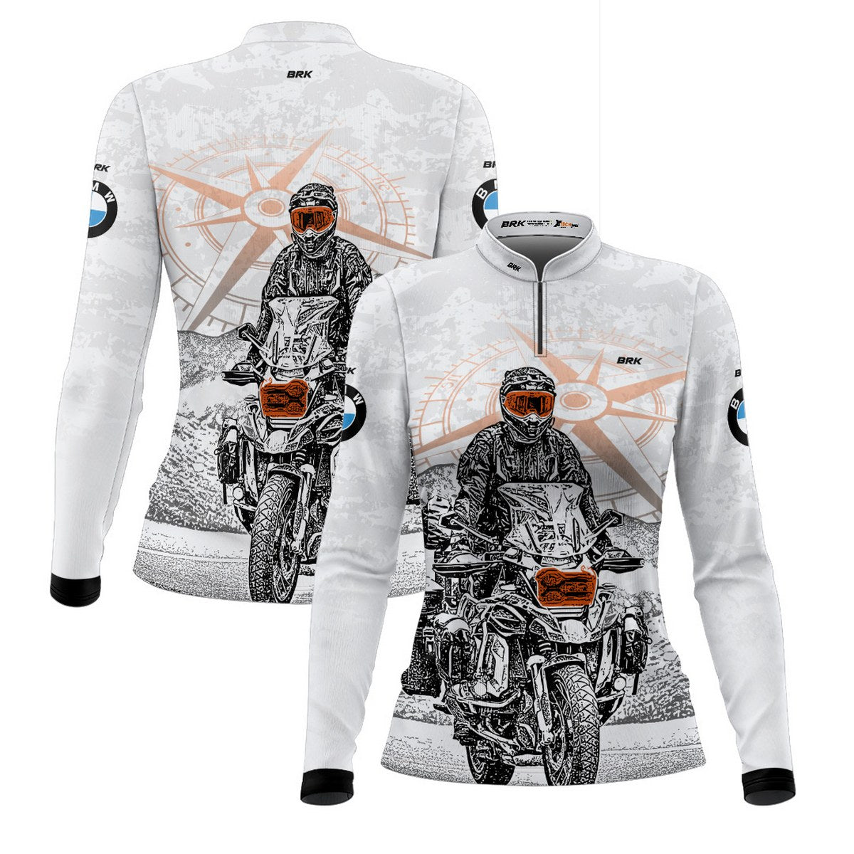 Camisa de Motociclismo Feminina Brk BMW Branca Moto e Bússola com Proteção UV50+