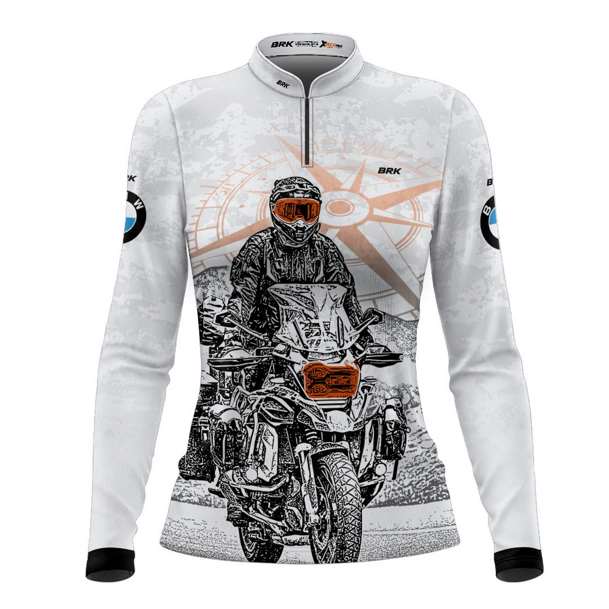 Camisa de Motociclismo Feminina Brk BMW Branca Moto e Bússola com Proteção UV50+