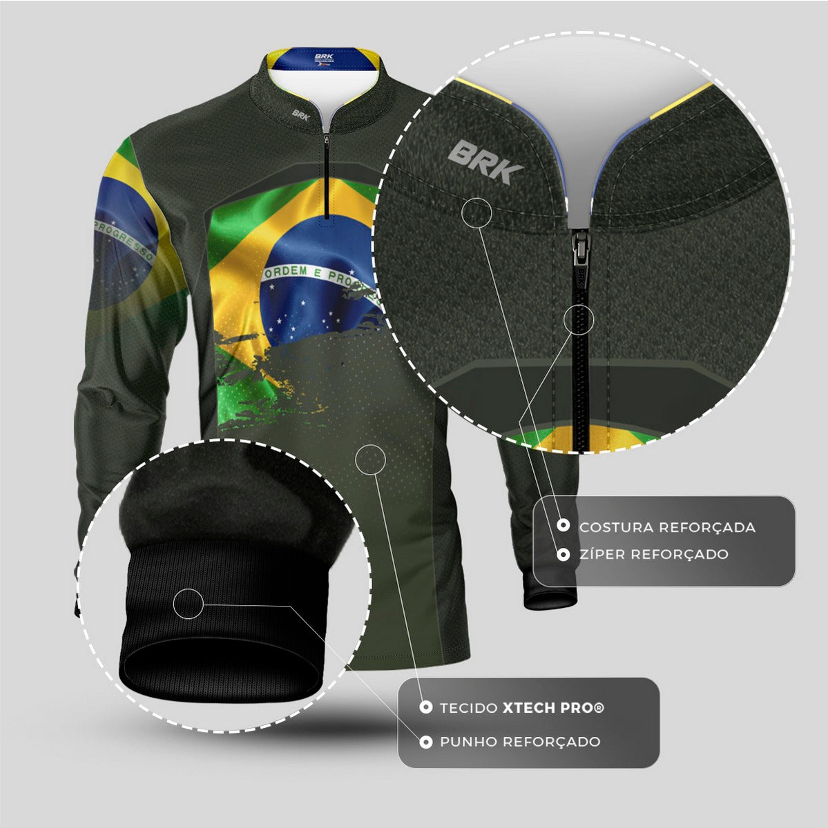 Camisa de Motociclismo Brk Brasil Verde Oliva com Proteção Solar UV50+