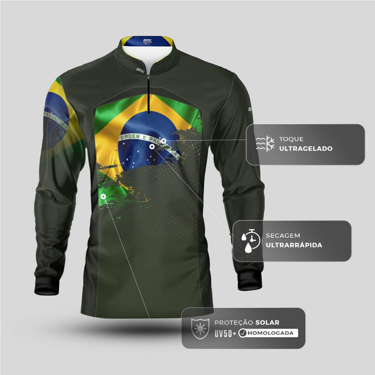 Camisa de Motociclismo Brk Brasil Verde Oliva com Proteção Solar UV50+