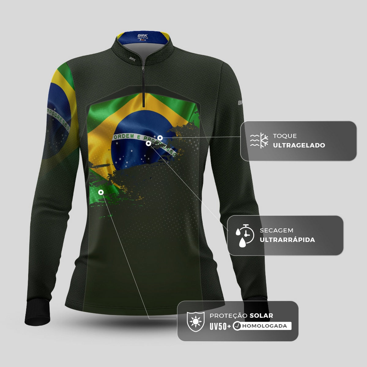Camisa de Motociclismo Feminina Brk Brasil Verde Oliva com Proteção Solar UV50+