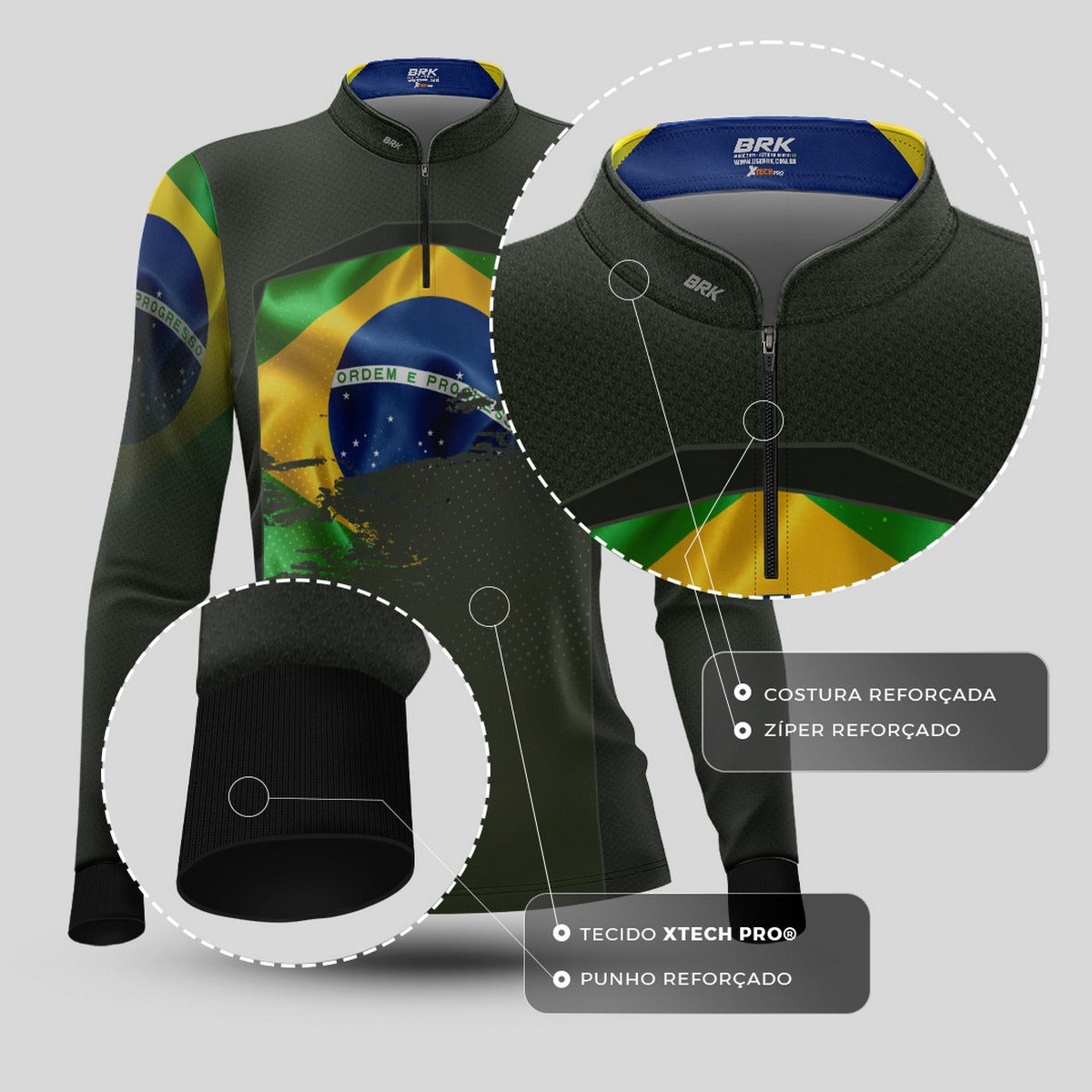 Camisa de Motociclismo Feminina Brk Brasil Verde Oliva com Proteção Solar UV50+