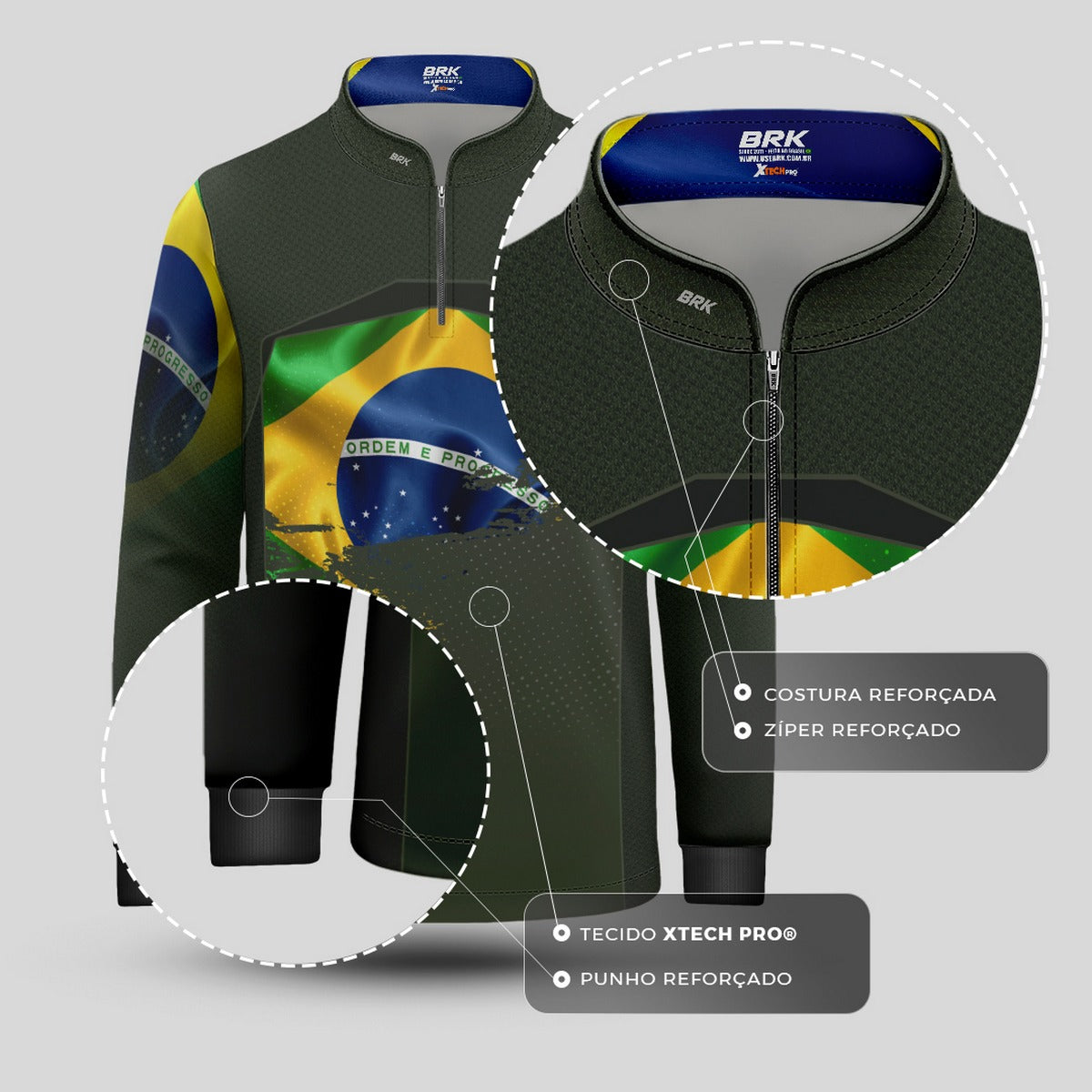 Camisa de Motociclismo Infantil Brk Brasil Verde Oliva com Proteção Solar UV50+