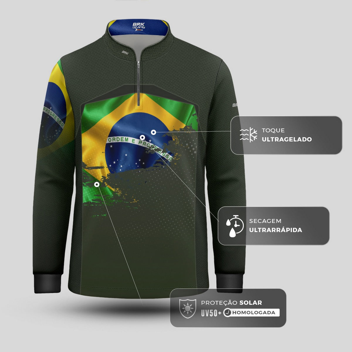 Camisa de Motociclismo Infantil Brk Brasil Verde Oliva com Proteção Solar UV50+