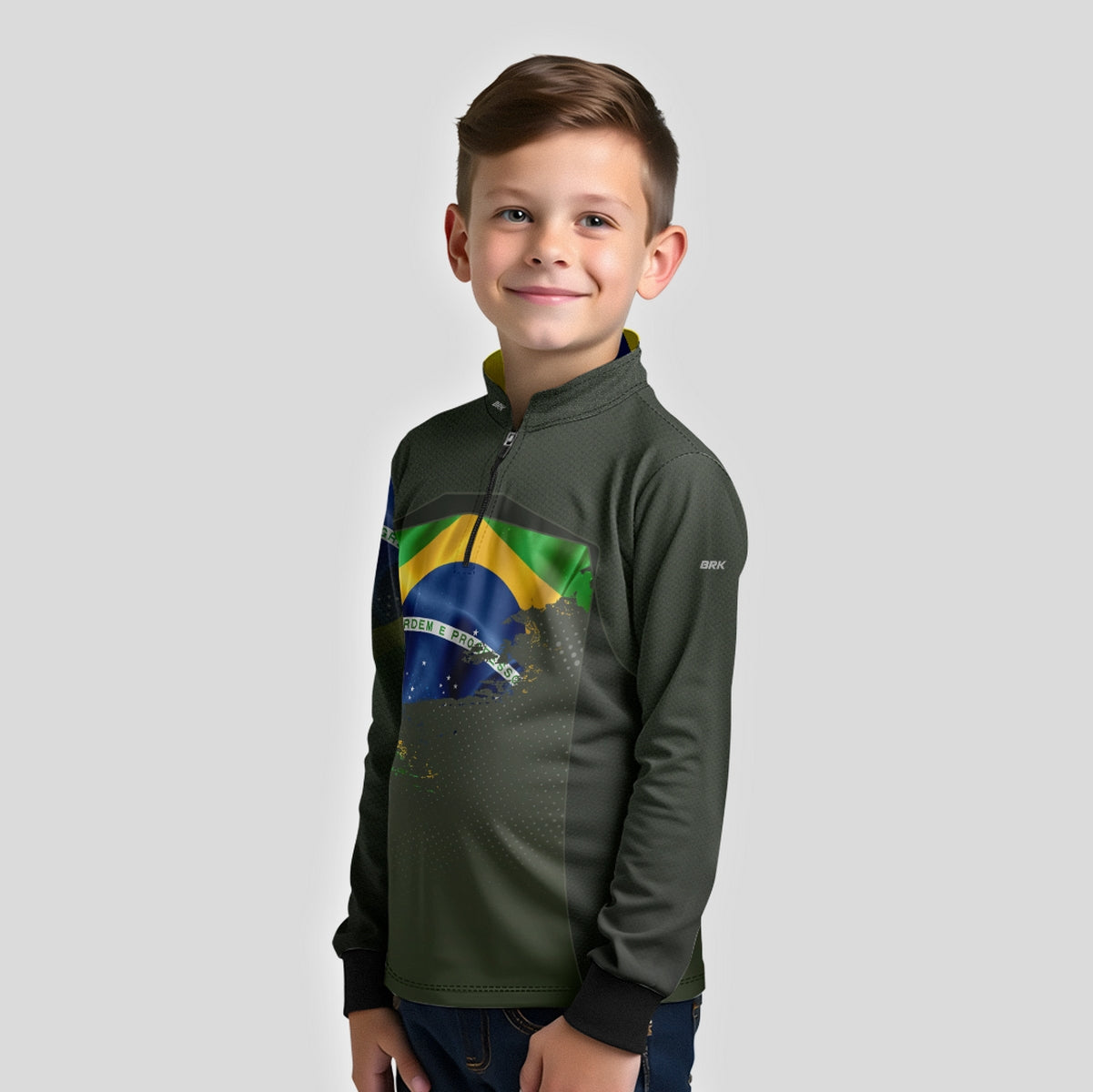 Camisa de Motociclismo Infantil Brk Brasil Verde Oliva com Proteção Solar UV50+