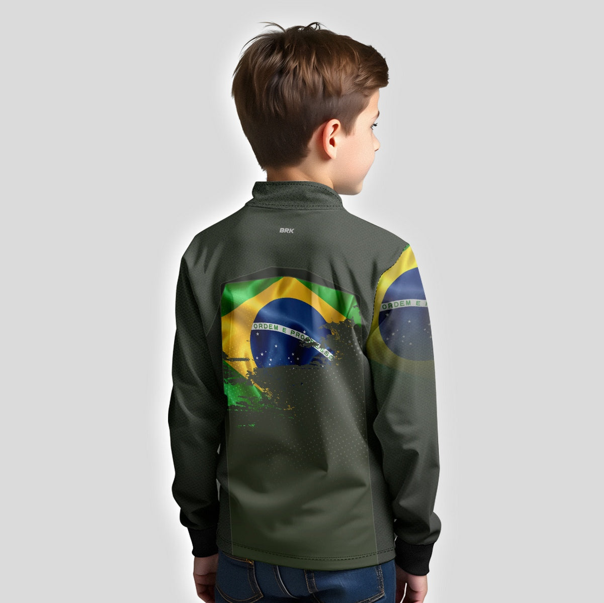Camisa de Motociclismo Infantil Brk Brasil Verde Oliva com Proteção Solar UV50+