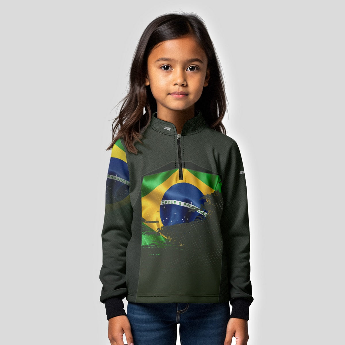 Camisa de Motociclismo Infantil Brk Brasil Verde Oliva com Proteção Solar UV50+