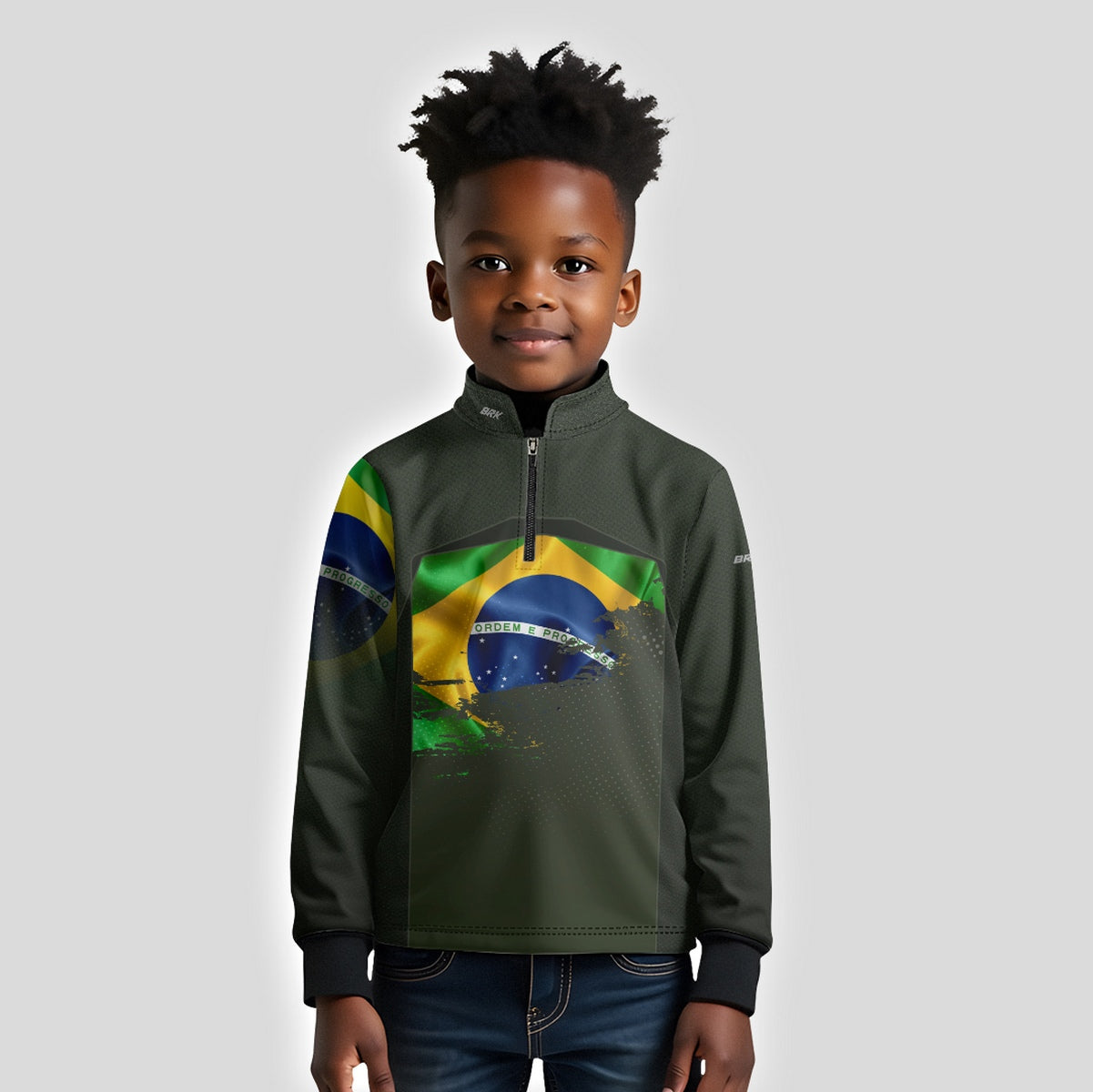 Camisa de Motociclismo Infantil Brk Brasil Verde Oliva com Proteção Solar UV50+