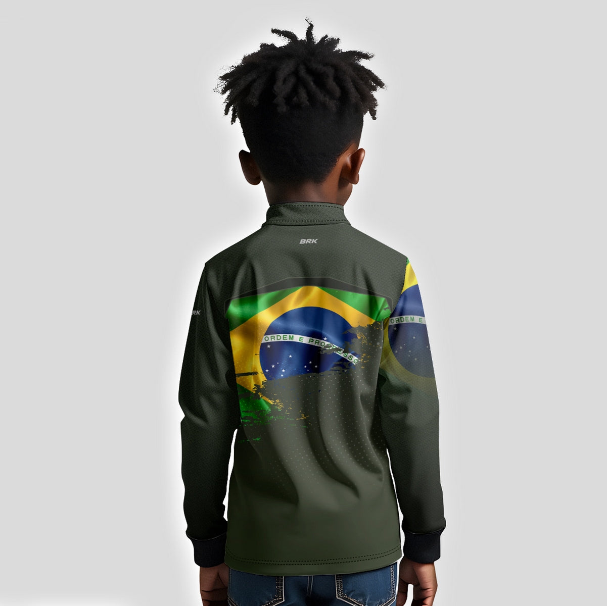 Camisa de Motociclismo Infantil Brk Brasil Verde Oliva com Proteção Solar UV50+