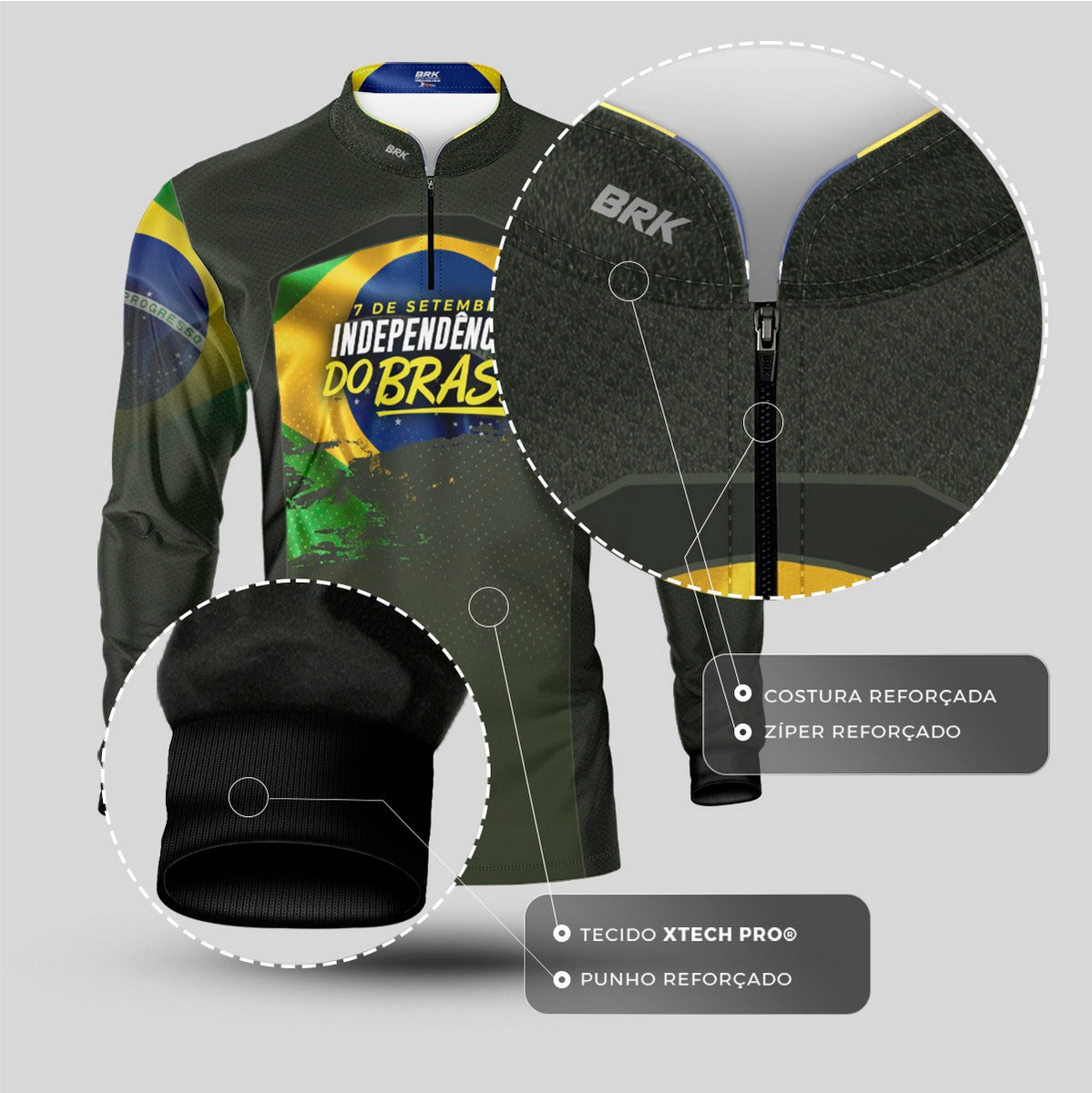 Camisa de Motociclismo Brk Independência do Brasil Verde Oliva com Proteção Solar UV50+
