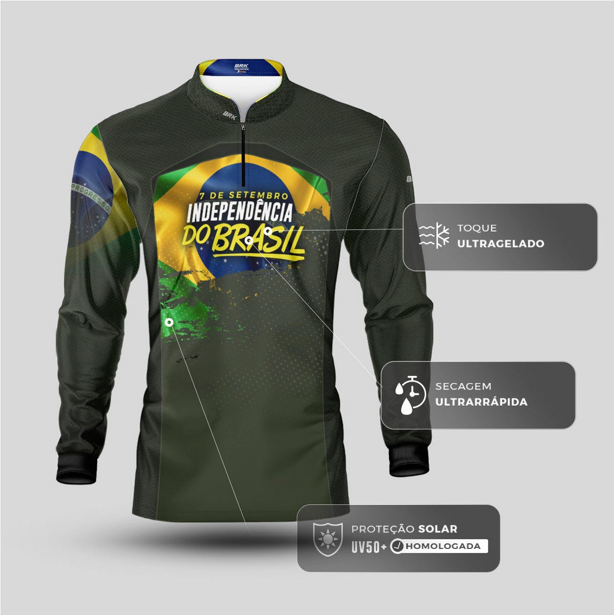 Camisa de Motociclismo Brk Independência do Brasil Verde Oliva com Proteção Solar UV50+