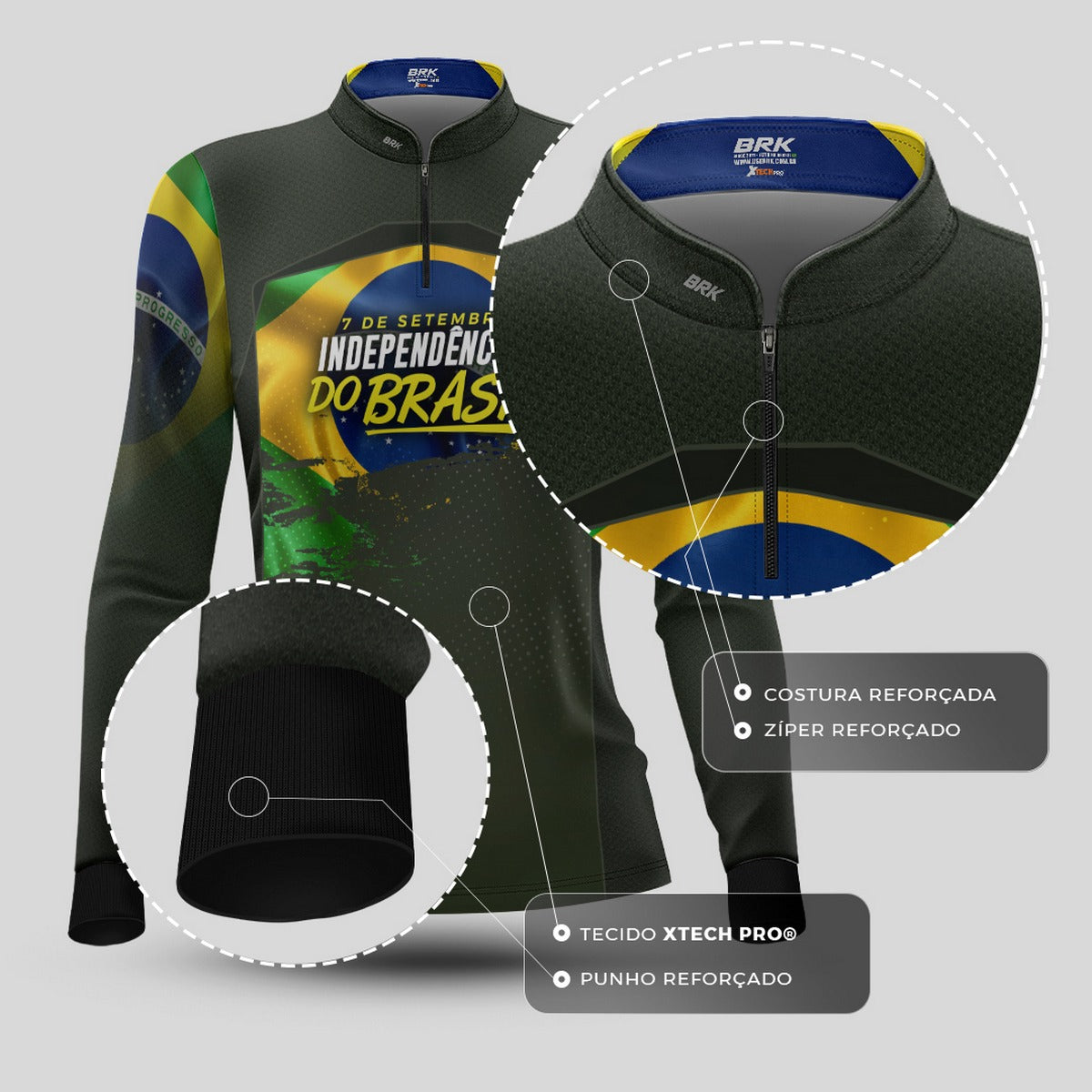 Camisa de Motociclismo Feminina Brk Independência do Brasil Verde Oliva com Proteção Solar UV50+