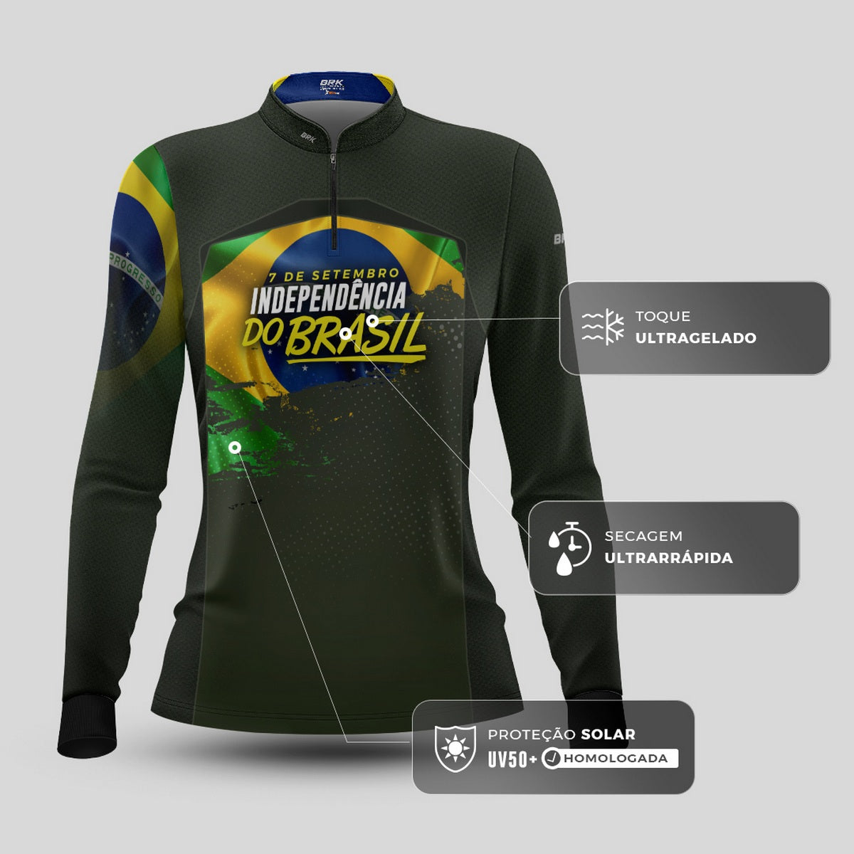 Camisa de Motociclismo Feminina Brk Independência do Brasil Verde Oliva com Proteção Solar UV50+