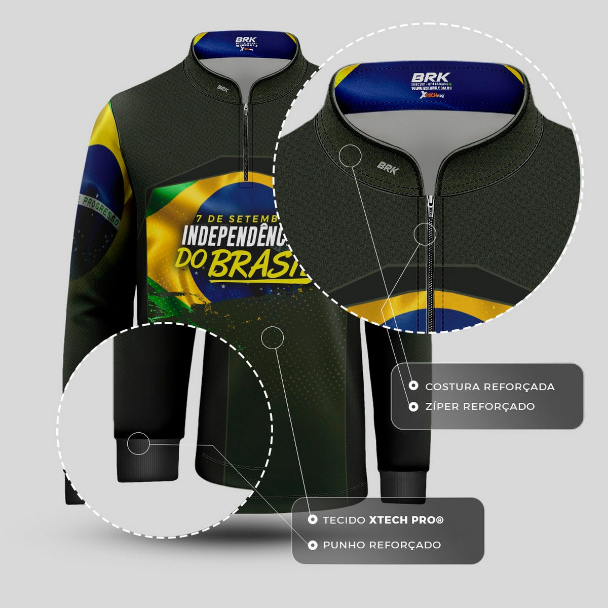 Camisa de Motociclismo Infantil Brk Independência do Brasil Verde Oliva com Proteção Solar UV50+