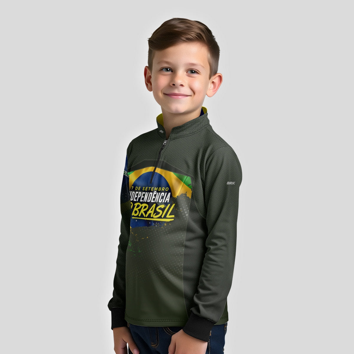 Camisa de Motociclismo Infantil Brk Independência do Brasil Verde Oliva com Proteção Solar UV50+