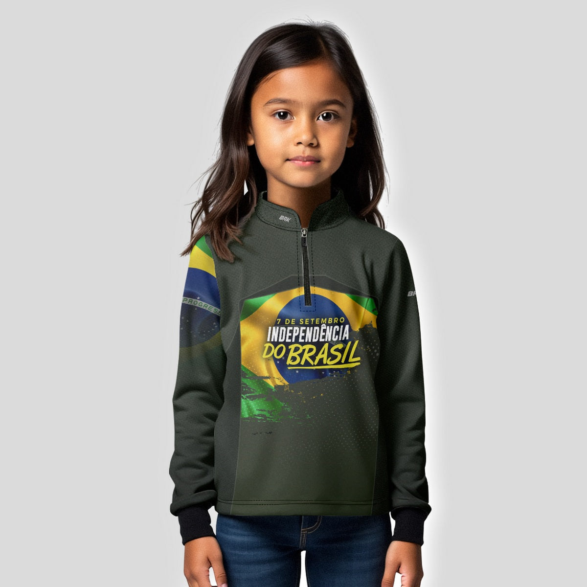 Camisa de Motociclismo Infantil Brk Independência do Brasil Verde Oliva com Proteção Solar UV50+