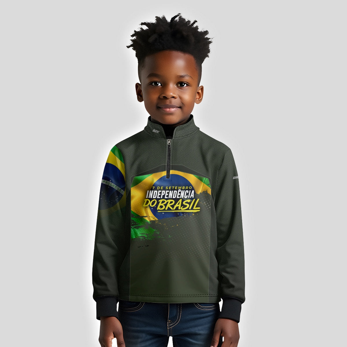 Camisa de Motociclismo Infantil Brk Independência do Brasil Verde Oliva com Proteção Solar UV50+