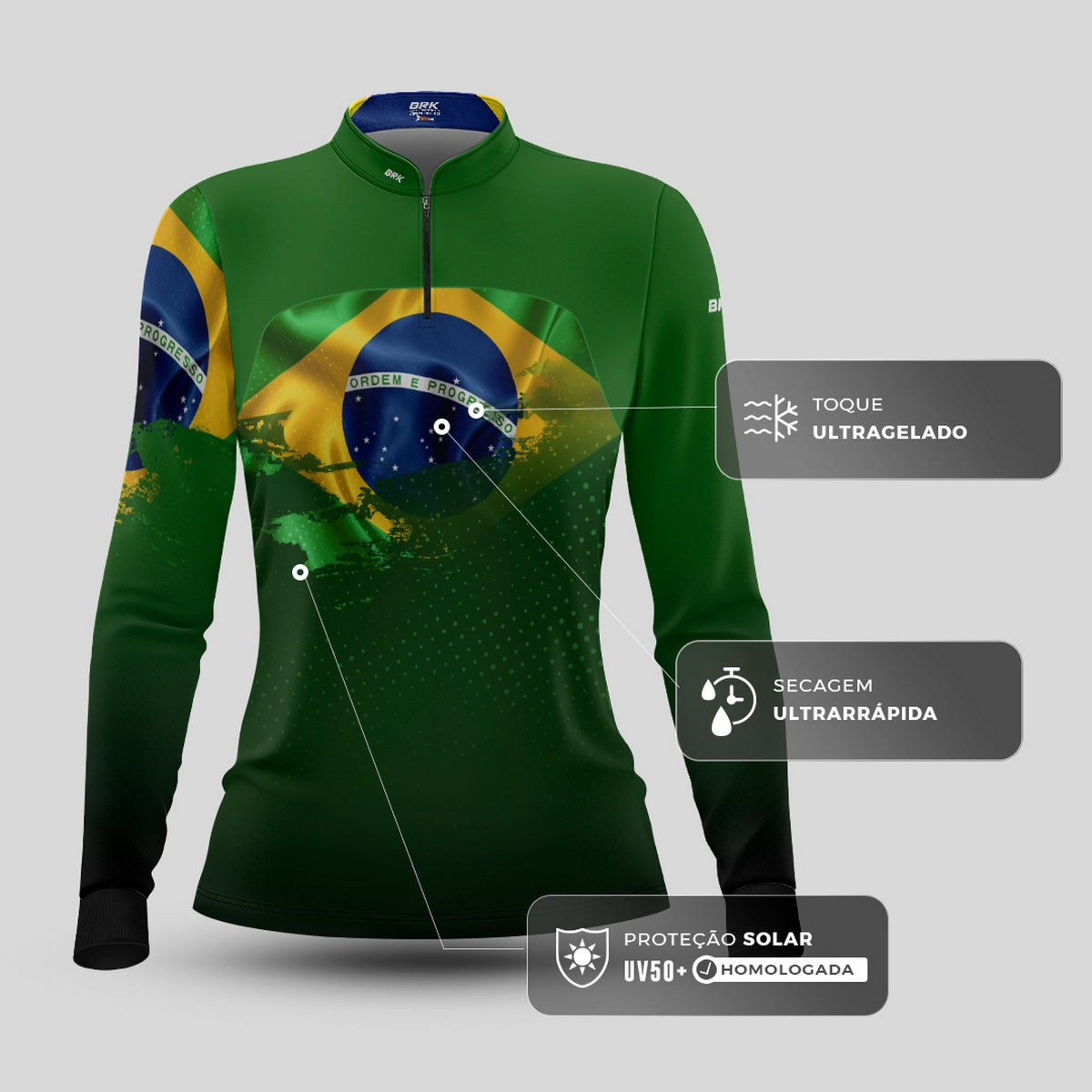 Camisa de Motociclismo Feminina Brk Brasil Verde com Proteção Solar UV50+