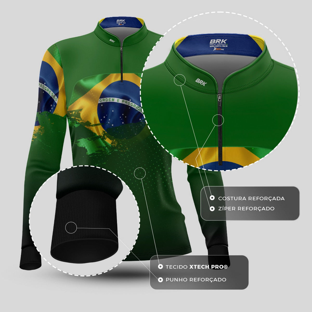 Camisa de Motociclismo Feminina Brk Brasil Verde com Proteção Solar UV50+