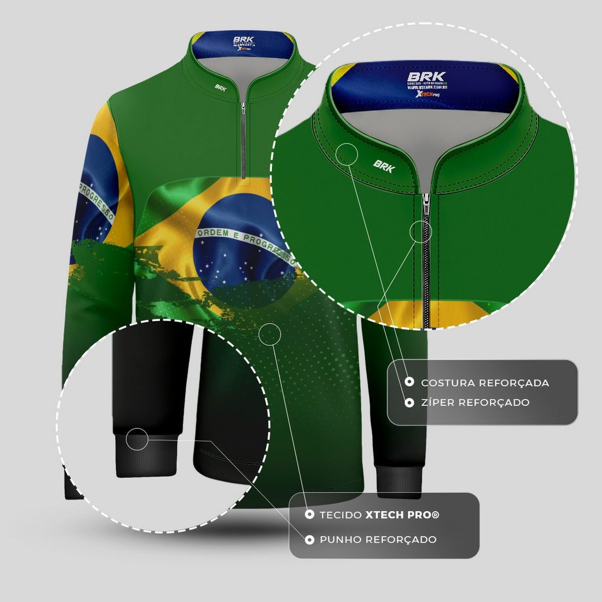 Camisa de Motociclismo Infantil Brk Brasil Verde com Proteção Solar UV50+