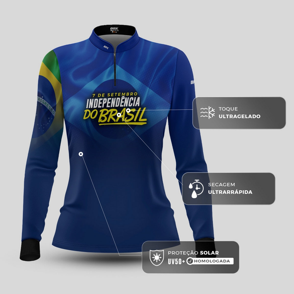 Camisa de Motociclismo Feminina Brk Independência Brasil Azul com Proteção Solar UV50+