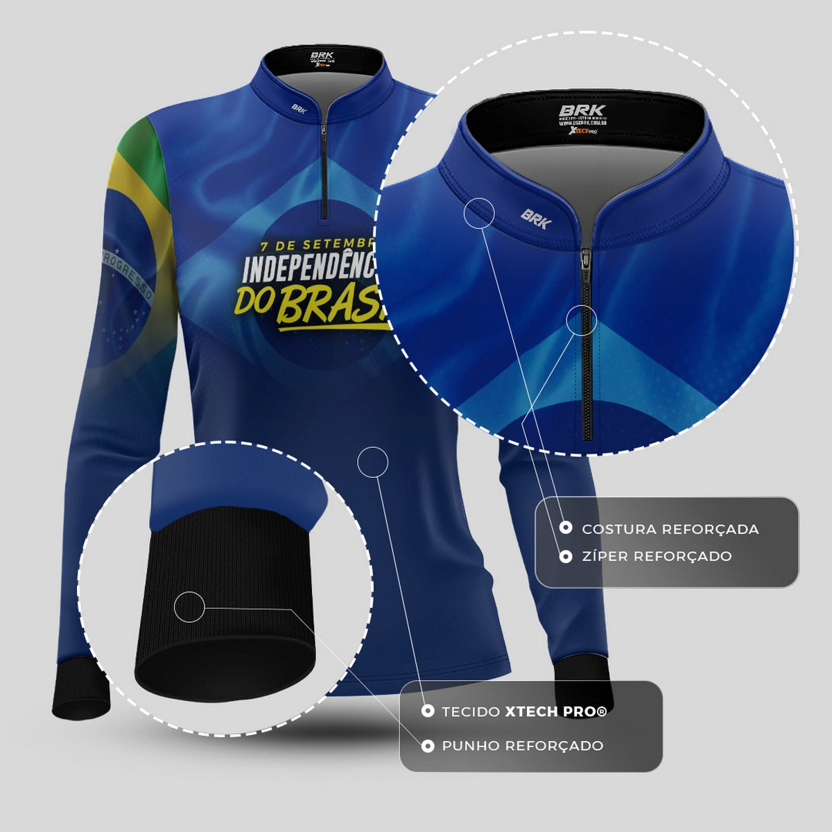 Camisa de Motociclismo Feminina Brk Independência Brasil Azul com Proteção Solar UV50+
