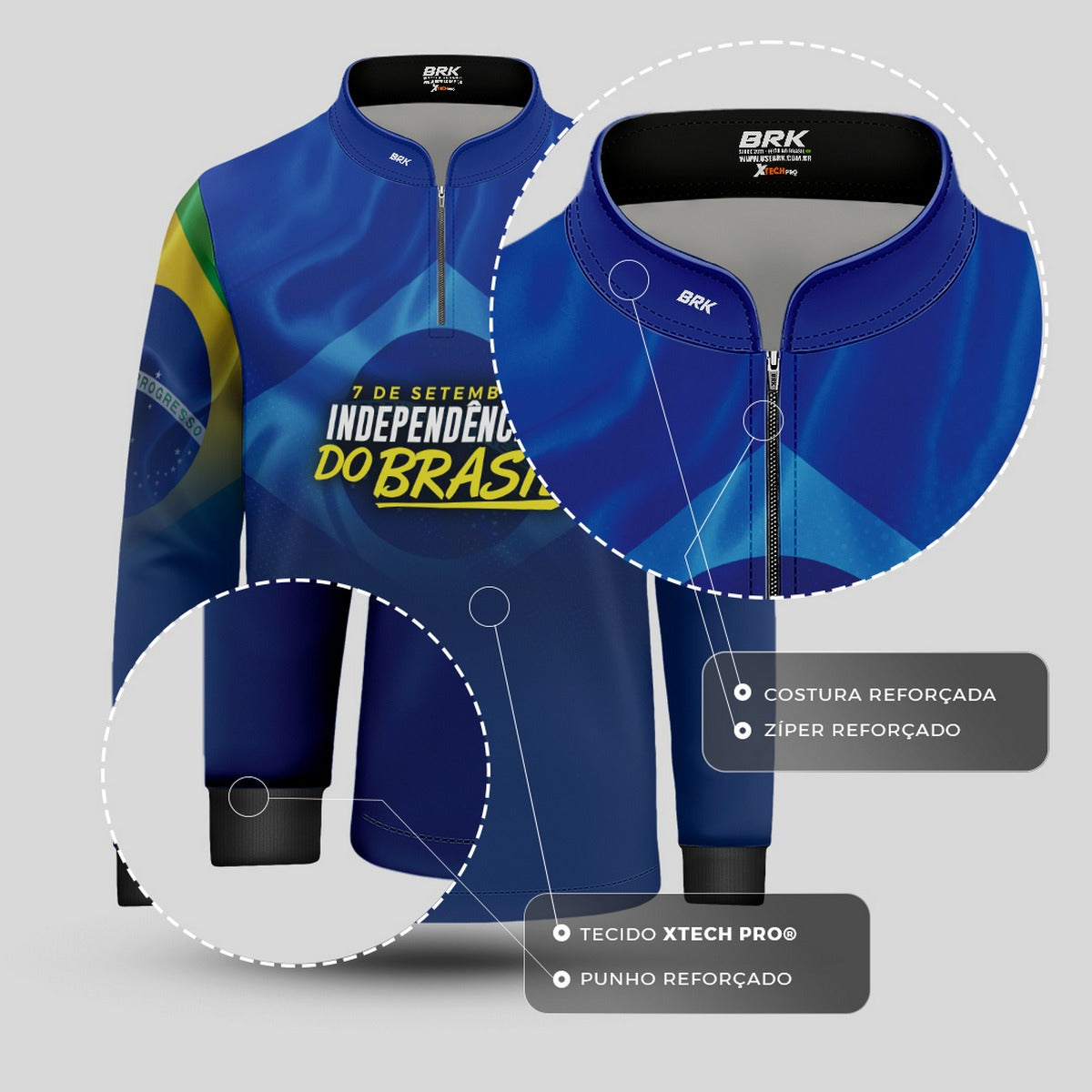 Camisa de Motociclismo Infantil Brk Independência Brasil Azul com Proteção Solar UV50+