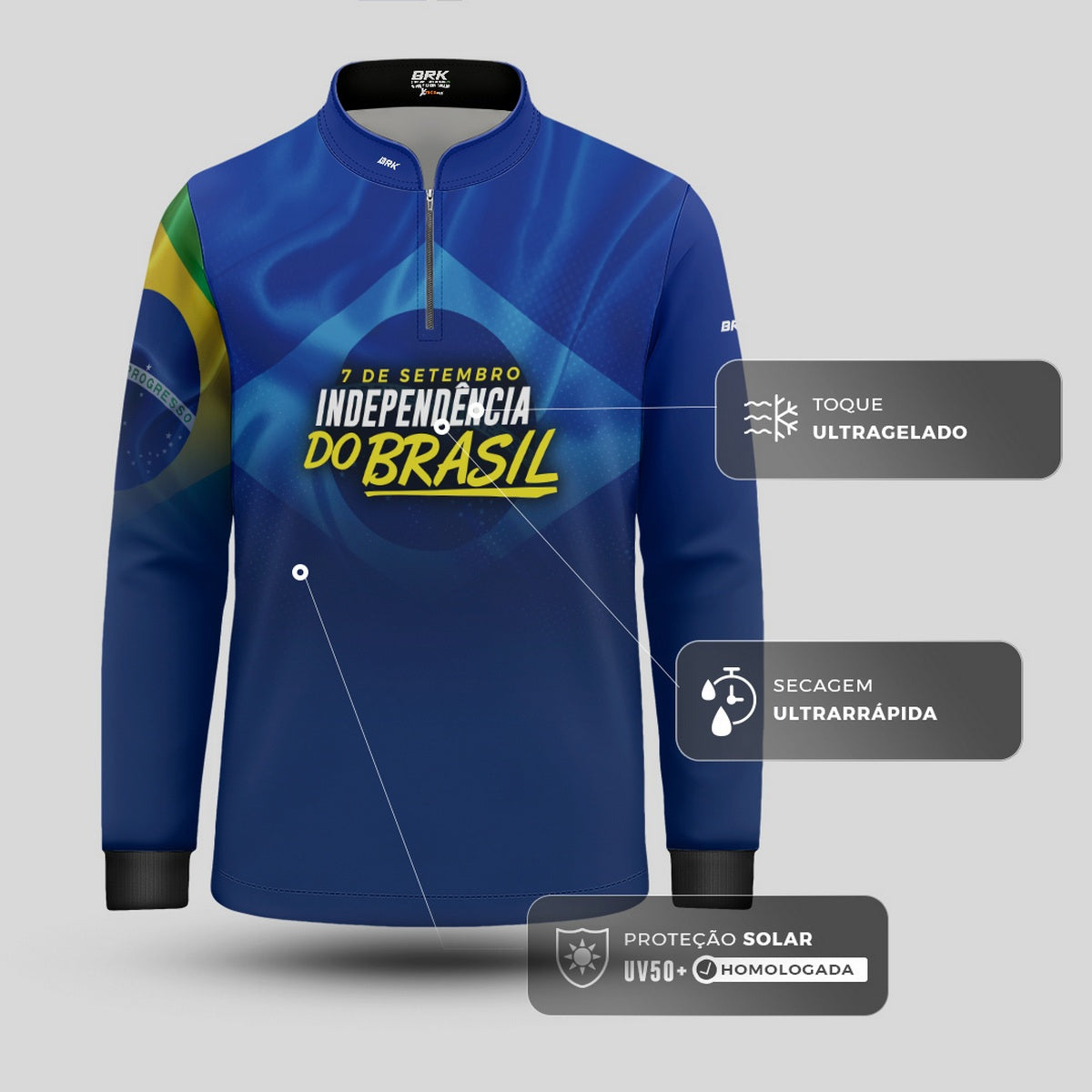 Camisa de Motociclismo Infantil Brk Independência Brasil Azul com Proteção Solar UV50+