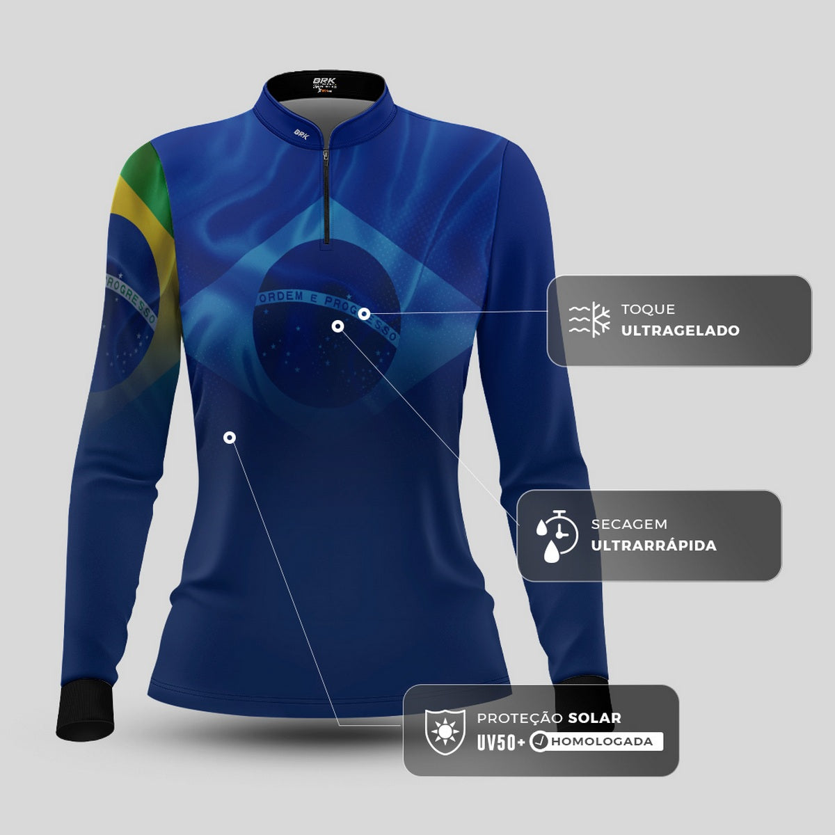 Camisa de Motociclismo Feminina Brk Brasil Azul com Proteção Solar UV50+