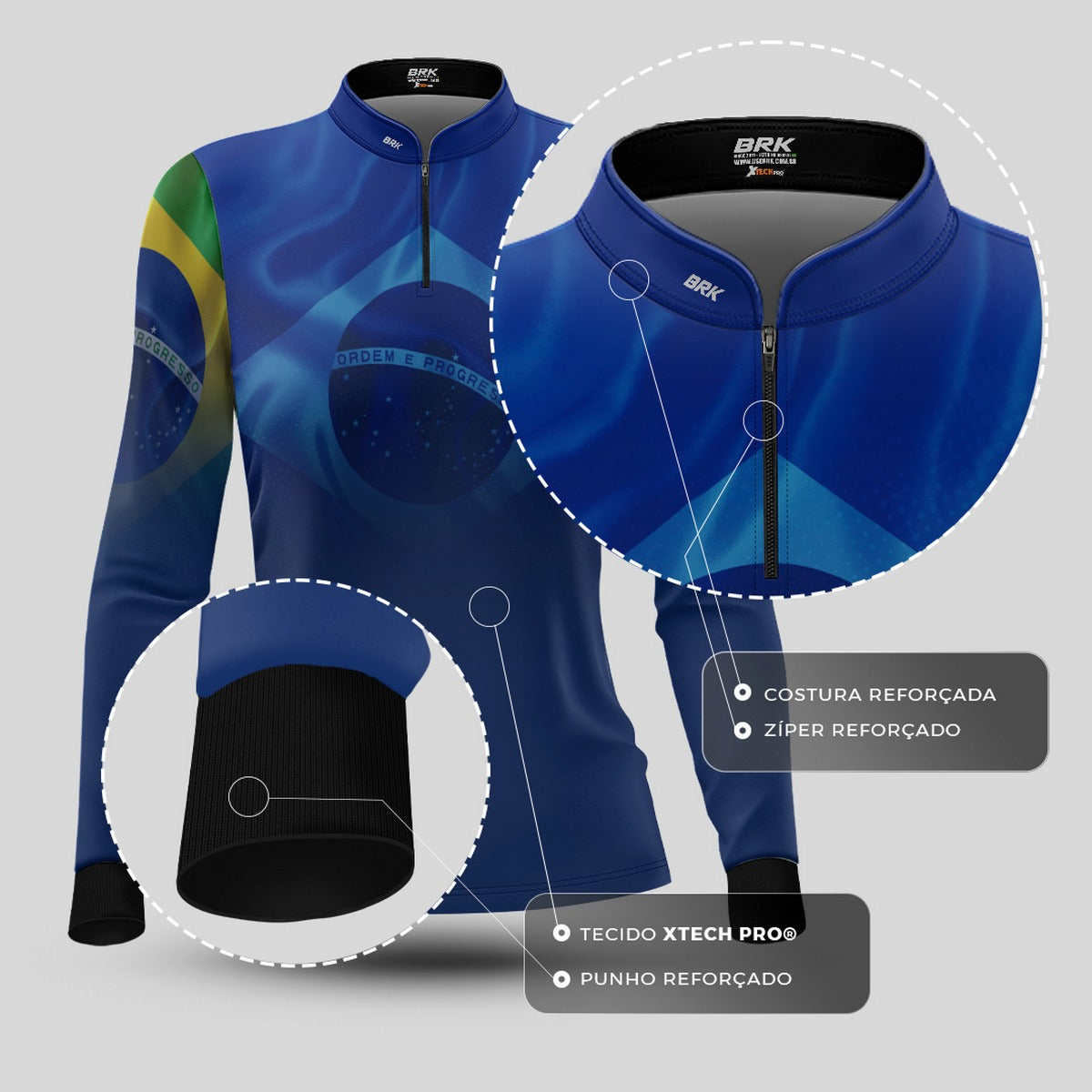 Camisa de Motociclismo Feminina Brk Brasil Azul com Proteção Solar UV50+