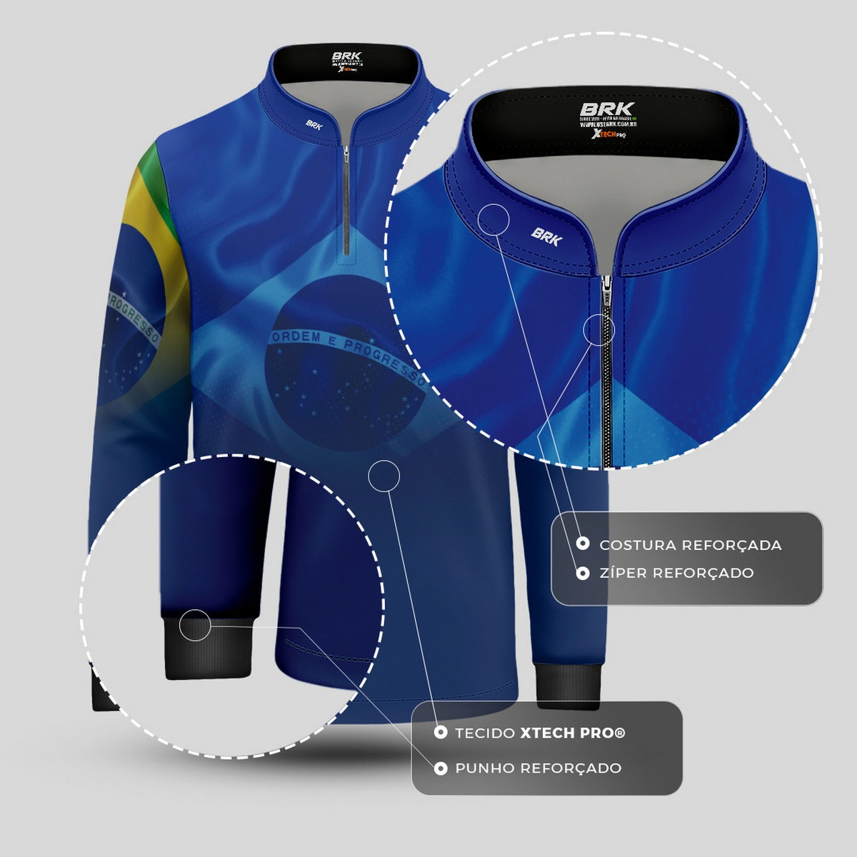 Camisa de Motociclismo Infantil Brk Brasil Azul com Proteção Solar UV50+