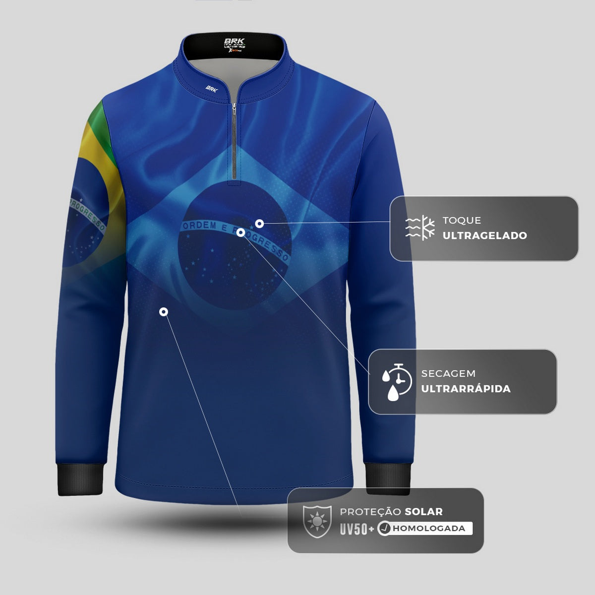Camisa de Motociclismo Infantil Brk Brasil Azul com Proteção Solar UV50+
